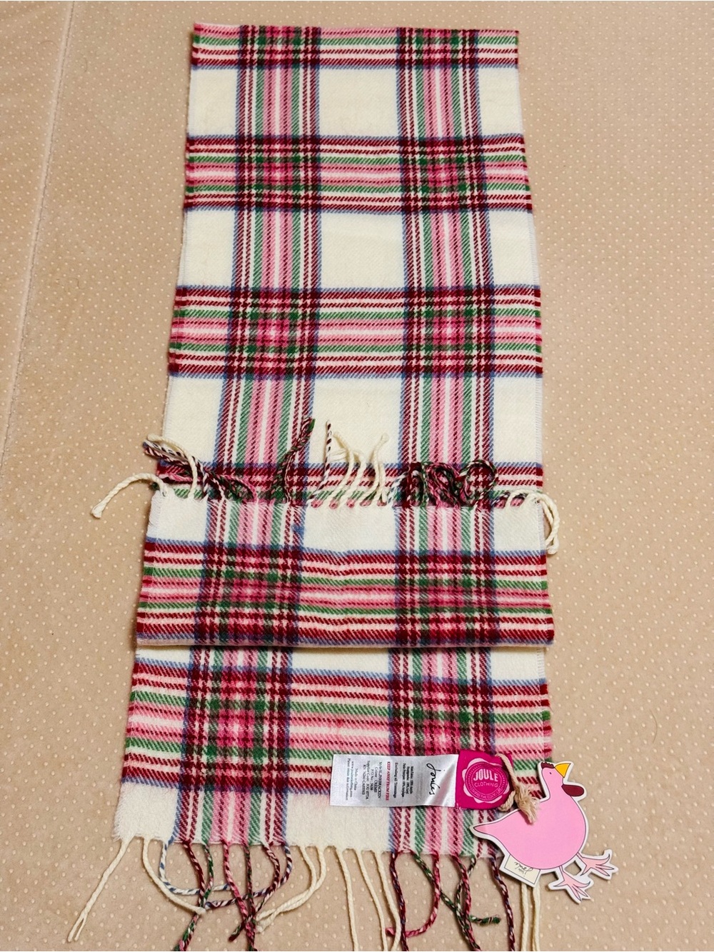 Joules Kids Cream Plaid Scarf - Pink & Green